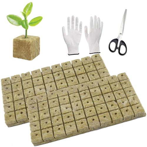 WANYI 100 PCS Cubi di Lana di Roccia,Rockwool Grow Cubi, Cubo di Propagazione di Lana di Roccia con Forbici Guanti per Coltivazione Soilless, Propagazione di Piante