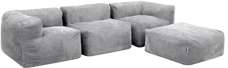 Icon Zen Modular Sofa für Erwachsene, Grau, Flauschiger Cordstoff, 3 Sitzer Ecksofa, Bequemer Bean Bag Sofa mit Schaumstoff Füllung, Relaxsessel, Lounge, Wohnzimmer Möbel