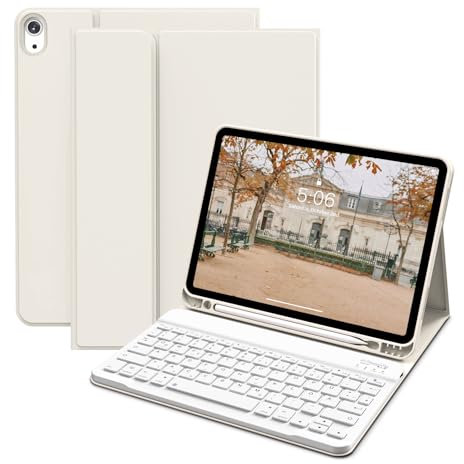 KVTVOU Hülle mit Tastatur für iPad A16 11. Generation 2025, für iPad 10. Generation 2022 10,9 Zoll, Bluetooth Abnehmbarer QWERTZ Tastatur, Weiche Stoßfeste TPU Hülle, Cremeweiß