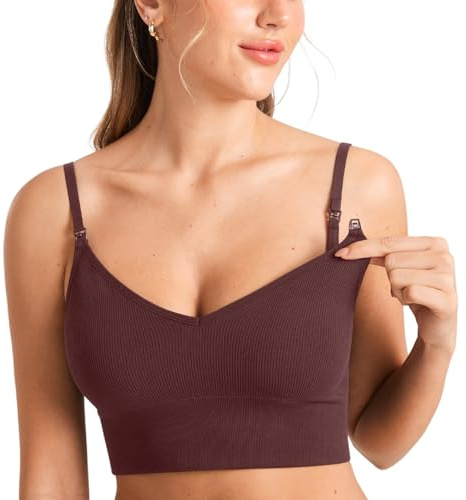 MOMANDA Ribbed Wireless Nursing Bras for Breastfeeding Longline Maternity Sleep Bra V Neck Comfort Hazelnut Large