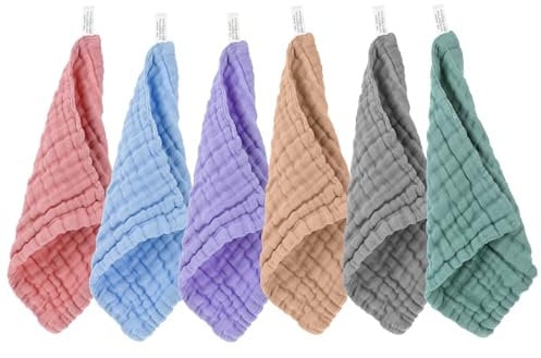 Qianyu 6 Pcs Baby Musselin Squares Waschlappen 25x25 cm Mulltücher Bio-Baumwolle Weiche BabyWaschlappen Neugeborene Spucktücher Baby-Handtücher Weiche Neugeborene für Jungen und Mädchen