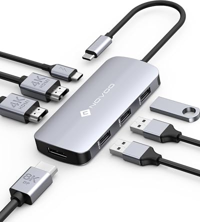NOVOO Hub UBS C 7 en 1, Station d'accueil Double Moniteur Triple Affichage 7 Port Docking Station vers 2 HDMI 4K, 3 USB Port, Displayport 8K, 100W PD pour HP,Microsoft,Lenovo, Dell, Macbook