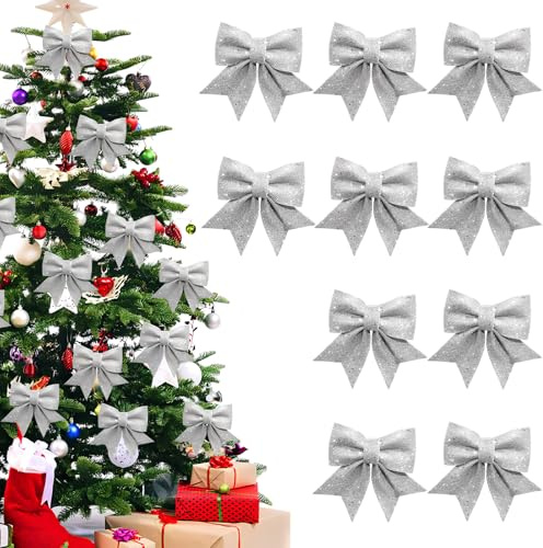 FePen Schleifen Weihnachtsbaum, 10 Stück Glitzer Weihnachtsschleifen, Weihnachtsbaum Deko (Silber)