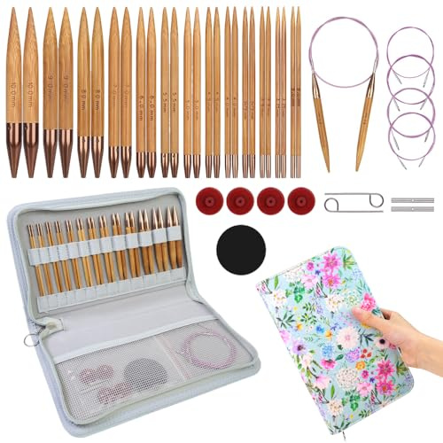 Knitiss Rundstricknadeln Set Bambus, 13 Paar, Rundstricknadeln 3–10 mm | Set mit austauschbaren Rundstricknadeln, 10 cm, mit 360°-Drehgelenk