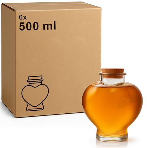 La Home by Chris Herzflasche Glas mit Korken - Deko-Flaschen für Hochzeit, Geschenk, Sandzeremonie & DIY - Glasherz zum Befüllen - Gastgeschenk Hochzeit Deko (6, 500ml)