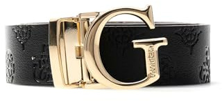 Guess Damengürtel mit G-Logo, schwarzes Leder mit Reliefmuster, goldfarbene Schnalle, wendbar, schwarz/Lila, 36