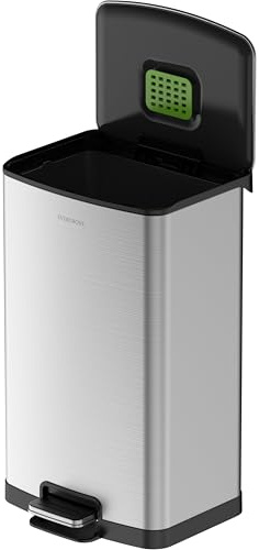EverGrove 50L Stainless Steel Kitchen Bin, Soft-Close, Brushed Silver | Single 50L kitchen bin with one removable inner bucket, foot-pedal opening, soft-close lid and 90° stay-open function.