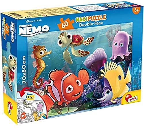 Lisciani - DISNEY Puzzle 2 in 1 - Nemo - Riesiges Puzzle 70 x 50 cm mit 60 Teilen - Doppelseitig mit Rückseite zum Ausmalen - Für Kinder ab 3 Jahren - Filzstifte zum Ausmalen inklusive