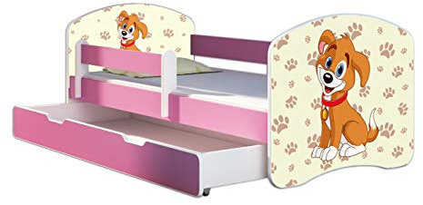 Kinderbett Jugendbett mit einer Schublade und Matratze Rausfallschutz Rosa 70 x 140 80 x 160 80 x 180 ACMA II (11 Welpe, 80 x 180 cm mit Bettkasten)