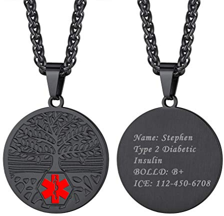 Bandmax Baum des Lebens Anhänger Halskette personalisiert Medical Alert Identifizierung Kette schwarz Edelstahl SOS Notfall Gesundheit Alarm Schmuck Accessoire für Diabetes Epilepsie