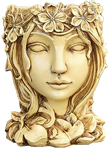 YANMILIA Head Planter Face Flower Pot Goddess Statue Planter Decorative Girl Portrait Planter Indoor Outdoor Girl Face Flower Vase Container Planter (Beige)