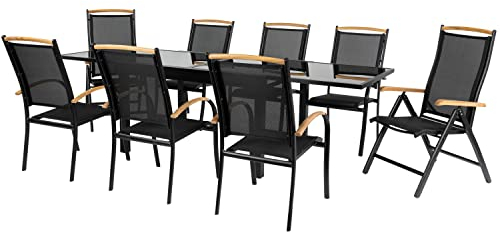 ib style® Diplomat Schwarz XXL Ausziehtisch 135-270 cm | Premium Gartengarnitur | Gartentisch mit Sicherheitsglas| inkl. 6 Stapelstühle + 2 Klappstühle