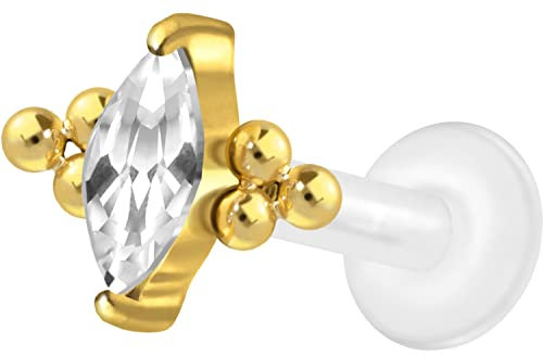 PIERCINGLINE PTFE Labret mit Gewinde Titan Aufsatz KRISTALLTROPFEN + 6 KUGELN Piercing Lippe Nase Ohr Helix Tragus Medusa Goldfarben 1,2 x 9 mm