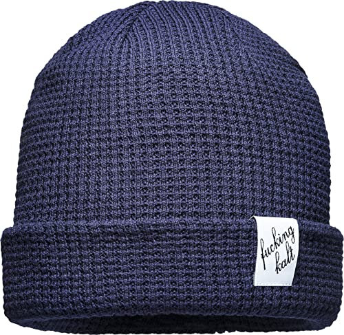 Baddery Unisex Organic Cotton Beanie : Fu/cking Kalt (Patch) - Mütze Herren Winter - Bio Baumwolle Strickmütze Damen (Navy)