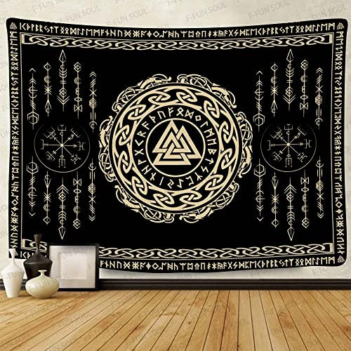 F-FUN SOUL Nordic Vikings Wandteppich, groß, 254 x 228,6 cm, weiches Flanell, Wikinger-Valknut, keltische Rune, skandinavische ästhetische Mythologie, Wandbehang für Schlafzimmer, Wohnzimmer, Dekor