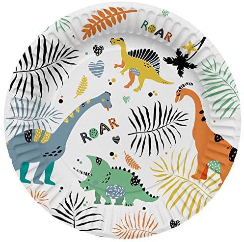 Folat 61930 Stoviglie Per Feste Ø 23cm 8 pezzi Dino Roars-Piatti Di Carta per Cena di compleanno, bambini, festa, matrimoni, baby shower, Multicolore