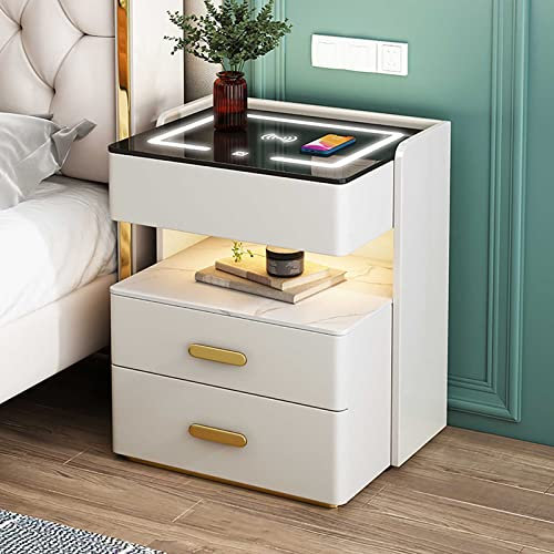 XJKH Smart Bedside Tableï¼ŒWireless Charging Tableï¼ŒHigh Gloss White Nightstand ï¼ŒFeaturing Wireless Charging, Smart Led Lighting, And Ample Storage