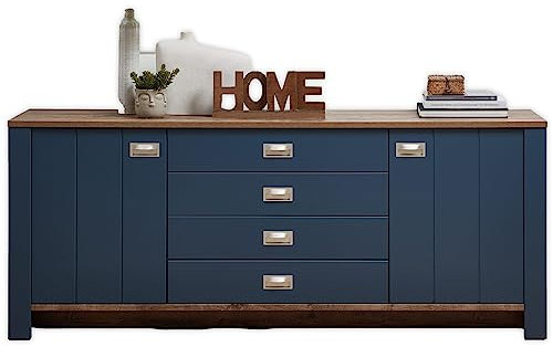 DIJON Sideboard in Parisian Blue, Haveleiche Cognac Optik - Moderne Kommode mit Schubladen und viel Stauraum - 194 x 79 x 45 cm (B/H/T)