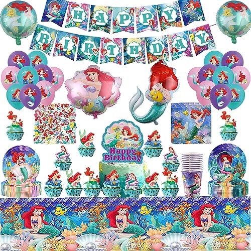 Ariel Vaisselle de Fête Anniversaire,Decoration Sirène Anniversaire,Ballons,Vaisselle de Fête,Deco Anniversaire Ariel Fournitures pour fêtes d’anniversaire Enfants