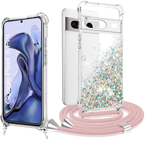 XCYYOO Handykette Hülle für Google Pixel 8 Pro mit Band, Handyhülle Google Pixel 8 Pro mit Kette Glitzer Kreatives Handytasche Schutzhülle zum Umhängen Handyanhänger Halsband Lanyard Case mit Kordel