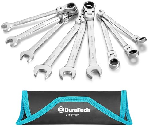 DURATECH Jeu de Clés Mixtes à Cliquet Tête Flexible, 9 Pièces, 8–17 mm | Cliquet 72 Dents, Acier Cr-V, Tailles Métriques, Pochette Enroulable