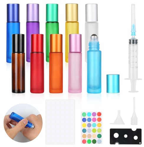Omsscun 10 Stück Ätherische Öle Roller Flaschen, Roll on Flasche Leer 10ml, Multicolor Glasflaschen Edelstahl Roller Bällen 10ml für Parfüm Massage Ätherisches Öl