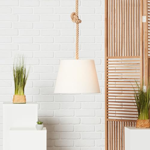 Lightbox Boho Hängelampe mit Seil Kabel & Stoff Schirm - Pendelleuchte für das Schlafzimmer - 1,3m - Ø 35 cm - E27, max. 40 W - aus Seil/Textil/Metall - in Braun/Weiß