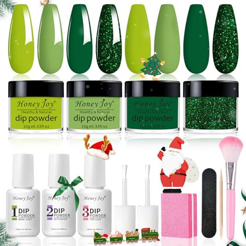 Honey Joy Dip Powder Nail Kit Starter,4 Colors Mint Pastel Green Deep Forest Green Dipping Powder Liquid Set with Base Top Coat for Nail Art Manicure Salon DIY No LED Nail Lamp Needed, Dip-7pcs-09
