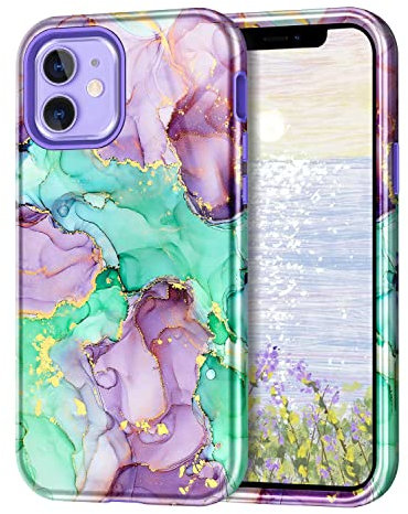 Petocase for iPhone 12 Case/iPhone 12 Pro Case 6.1 inch, Marble Pattern 3 in 1 Heavy Duty Shockproof Full Body Hard PC+Soft Silicone Drop Protective Women Girls Cover for iPhone 12/12 Pro, Purple-02