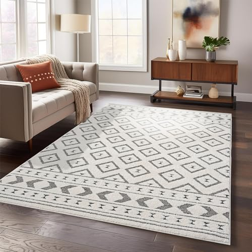 payé Teppich Wohnzimmer - 120x170cm Creme-Grau Hochtief Struktur Flachflor - Raute Muster Boho Wohnteppich
