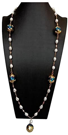 IPWWUTTH Collar largo de cadena de Rosario de cristal de Murano azul perla barroca blanca cultivada joyería de señora 33 pulgadas