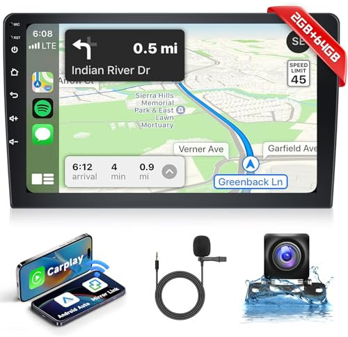 Hodozzy Android 2GB+64GB Radio de Coche 2 DIN,Pantalla Táctil de 10.1 Pulgadas Navegación GPS con Carplay Inalámbrico Android Auto Mirror Link Pantalla Coche Bluetooth,WiFi,FM/RDS/DSP + Cámara