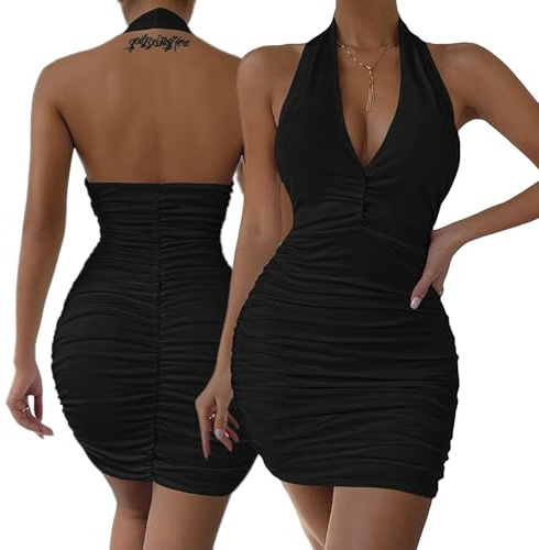 Hanaoops Robe de Soiré Sexy Femme avec Col en V Robe Moulante Mini Bodycon Robes sans Manches Col Licou Elegant Charme Courte Robe Dos Nu Été Clubbing Nuit Cocktail Robe Bal de Promo