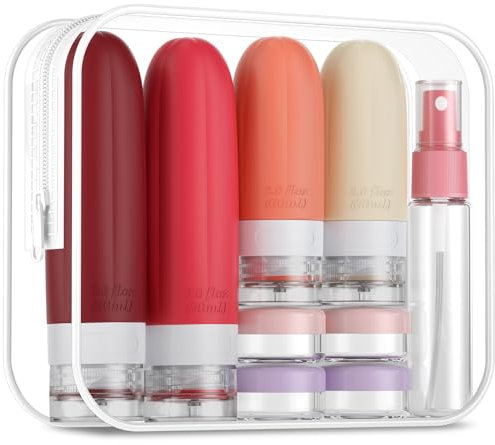 Gemice Juego de 16 botellas de viaje de silicona, botellas de viaje para rellenar líquidos de equipaje de mano, a prueba de fugas, botellas de cosméticos para rellenar, contenedores, sin BPA, aprobado