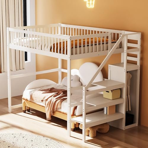Azkoeesy Letto matrimoniale a soppalco con scaletta per bambini e adulti, 140x200 cm, Letto con armadio e protezione anticaduta, Legno di pino, bianco