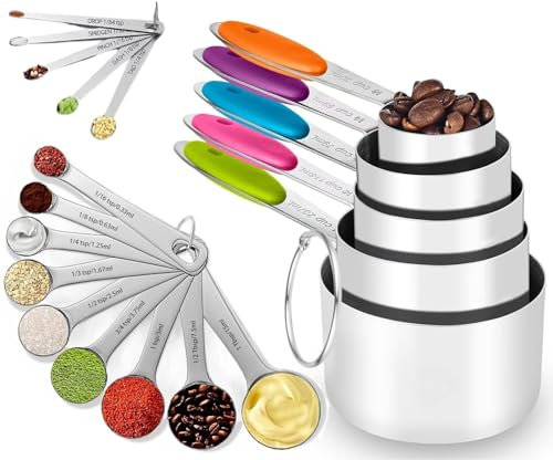 Juego de 19 tazas y cucharas medidoras de acero inoxidable, 5 tazas medidoras con asas de silicona de colores, 9 cucharas anidadas, 5 mini cucharas, utensilios de cocina para cocinar y hornear,