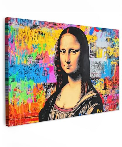 MuchoWow© Bild auf Leinwand Groß 120x80 cm XXL Schlafzimmer Bilder Badezimmer Wand Deko Wohnzimmer Modern Wanddeko Bilderwand Geschenk Graffiti - Neon - Mona Lisa - Kunst - Da Vinci