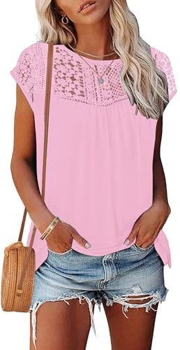 WNEEDU Womens Summer T Shirts Lace Tops Cap Short Sleeve Tshirt Crew Neck Casual Blouses Elegant 2025 New Pink L