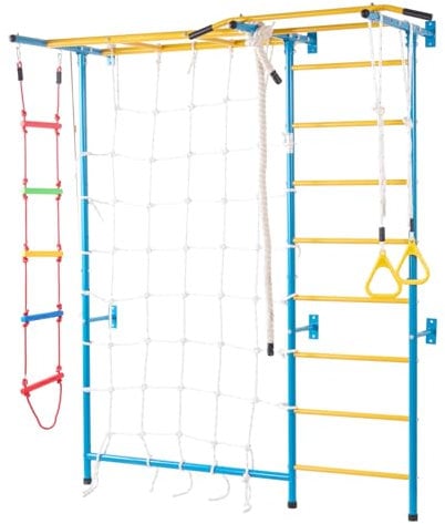 VEVOR Spalliera Struttura per Arrampicata su Parete Ginnastica per Bambini con Scala in Acciaio al Carbonio Maniglia 9 Livelli, Barra per Trazioni, Scala in Corda Anelli, Portata 100 kg, Multicolore