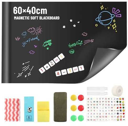 Magnettafel Schwarz, 40 × 60cm Kreidetafel Magnetisch, Tafelfolie Magnetisch, Magnettafel Beschreibbar, 6 Staublose Kreide, Magnetic Adsorption, Abwischbare Tafel, für Schule Büro Haus (Schwarz)