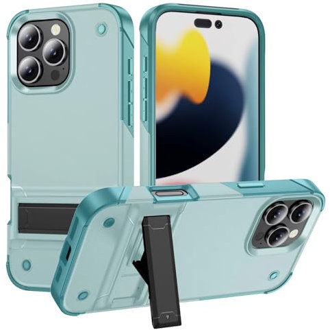 Pritify Armour Kickstand Case for iPhone 14 Pro Max Military Grade Heavy Duty Slim Protective Back Cover Shockproof Matte Finish with Raised Camera Protection Durable Phone Case | Aqua Blue