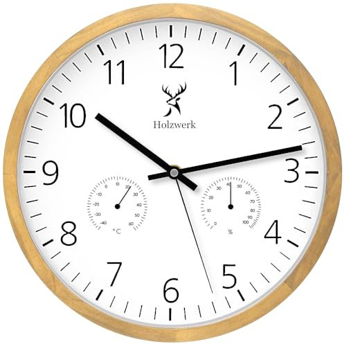 Holzwerk MEERSBURG Wanduhr mit Temperaturanzeige und Hygrometer Feuchtigkeitsmesser Holz-Uhr lautloses Uhrwerk ohne Tickgeräusche Braun Buche Weiß lautlos Massivholz Natur Holz 30 cm (.HW.Buche..)