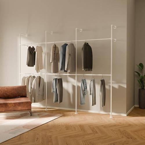 pamo Kleiderstange Wandmontage Weiß – 296 x 222 cm | 460 kg Traglast | Offener Kleiderschrank Garderobe Wand Metall – Begehbarer Kleiderschrank System