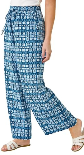 Roman Originals Wide Leg Trousers for Women UK - Ladies Palazzo Pants Floral Print Abstract Everyday Holiday Spring Summer Comfy Soft Evening Vacation Work Party - Petite Aztec Blue - Size 18