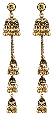 Pendientes de tuerca bohemios vintage Jhumka, borla larga con detalles oxidados, hipoalergénicos, joyería étnica tradicional de oro/plata, regalo para mujeres y niñas, Long, Metal, Sin piedra preciosa