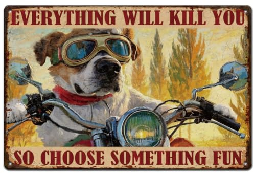 SUPERDANT Blechschilder Hunde Motorrad Motiv Lustiges Blechschild Mit Welpen Motorrad Metallschild Vintage Garage Metallschilder Für Zuhause Männerhöhle Dekoration Blechschilder Cafés Bars