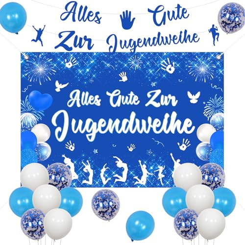 Fangleland Jugendweihe Deko Blau, Alles Gute zur Jugendweihe Banner 150x100cm und FotoHintergrund Luftballons für Jugendfeier Partydeko