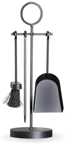 CAPRICAN All Black Fireplace Companion Set 4 Piece – Circle Handle Fireside Tools with Poker Shovel Brush & Stand – Traditional Black Fire Tool Set for Stoves, Log Burners & Open Fireplaces (FIRE201)