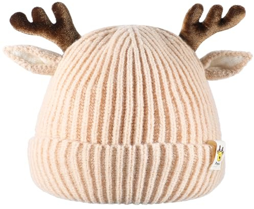 COMNICO Weihnachtsmütze Winter Mütze Rentier, Wintermütze für Kinder mit Ohren und Geweih, Weihnachtsmütze Strickmütze, Dicke Wintermütze Wärmende Mütze, Mädchen-Accessoires für Babys (Khaki)