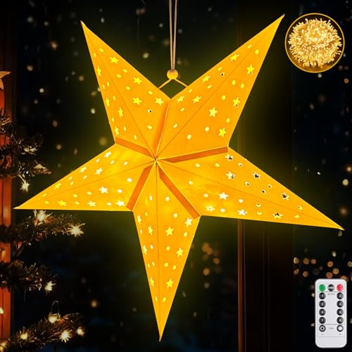 Papierstern Lampenschirm,45cm Papiersterne Zum Aufhängen,Weihnachten mit Timer und 8 Beleuchtungsmodi,Weihnachtsstern Papier,Papierstern Dekoration,Sterne Papier zum Fensterdeko